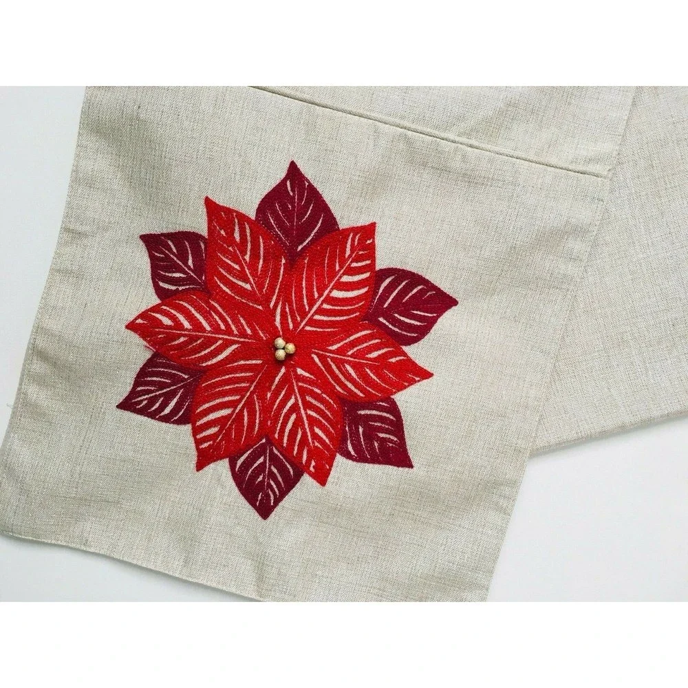 Metallic Gold Sparkly Red Holiday Christmas Poinsettia Table Runner Decor 71x14 - Picture 6 of 8